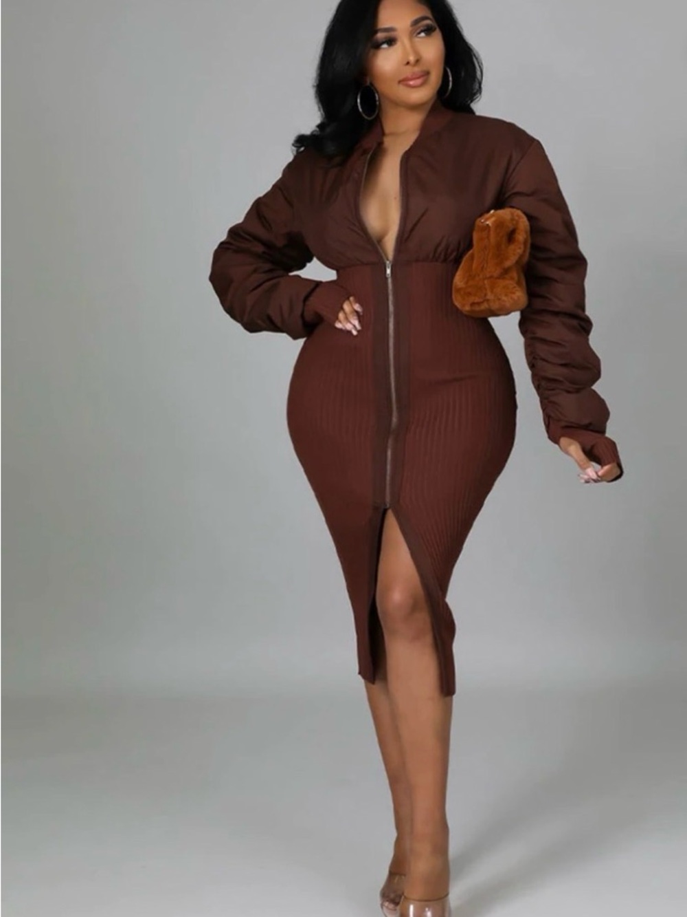 Brown Ribbed Bomber Midi Dress M/L